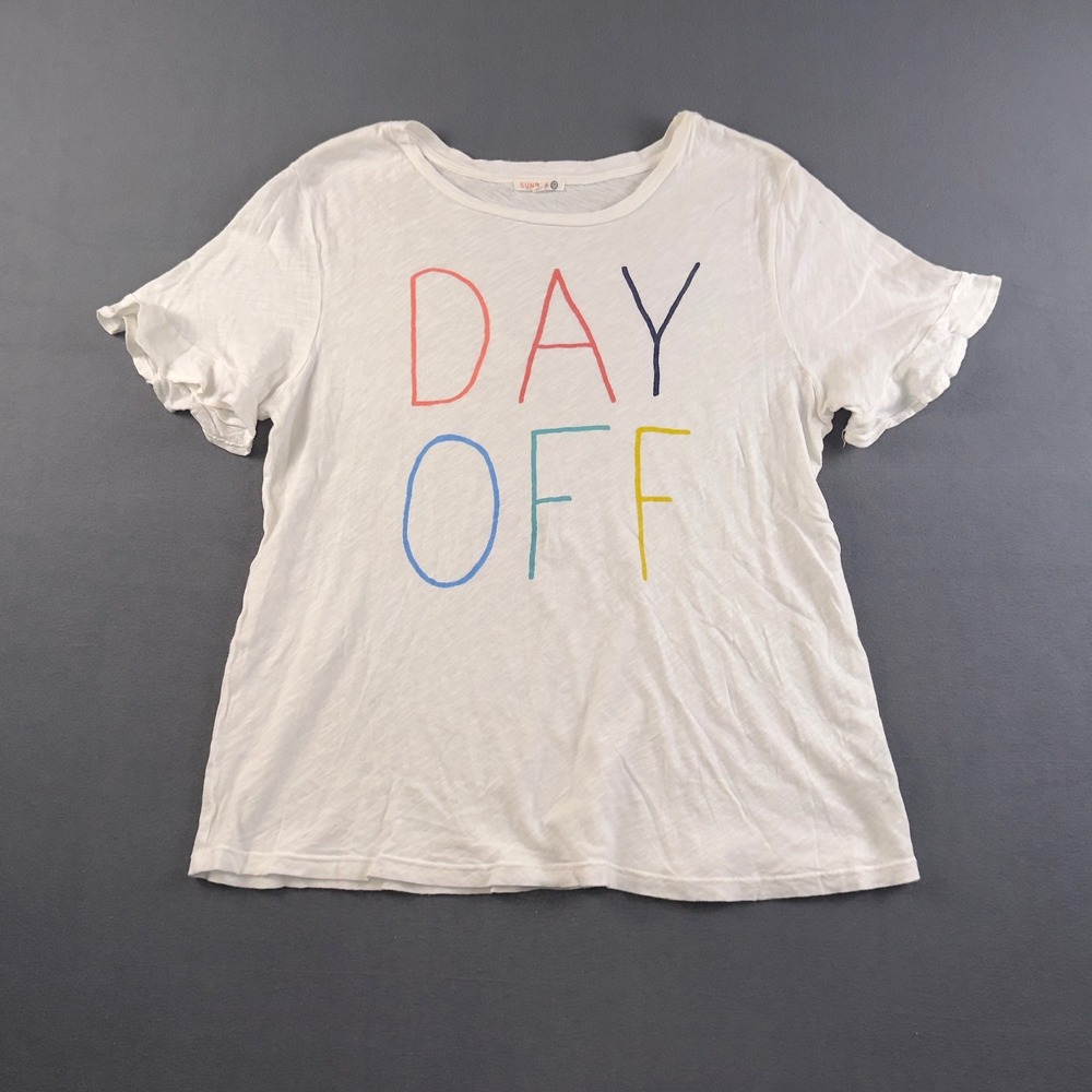 Sundry Day Off Graphic Ruffle Sleeve T-Shirt White Cotton Size 2 Medium